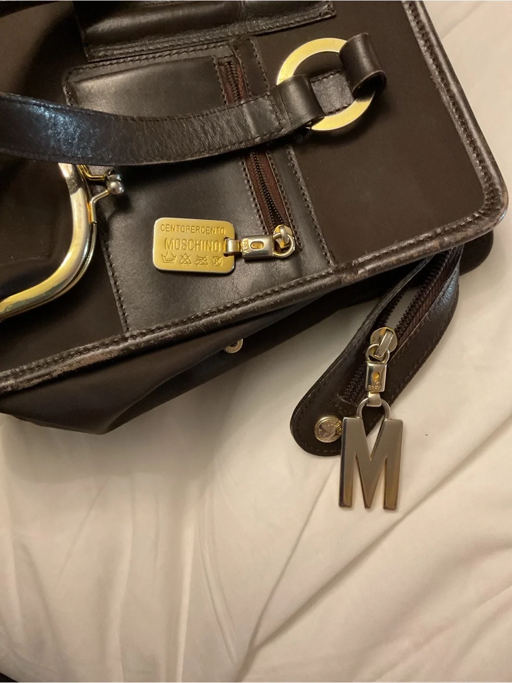 Moschino Dark Brown Leather Multi-Pocket Crossbody Tote